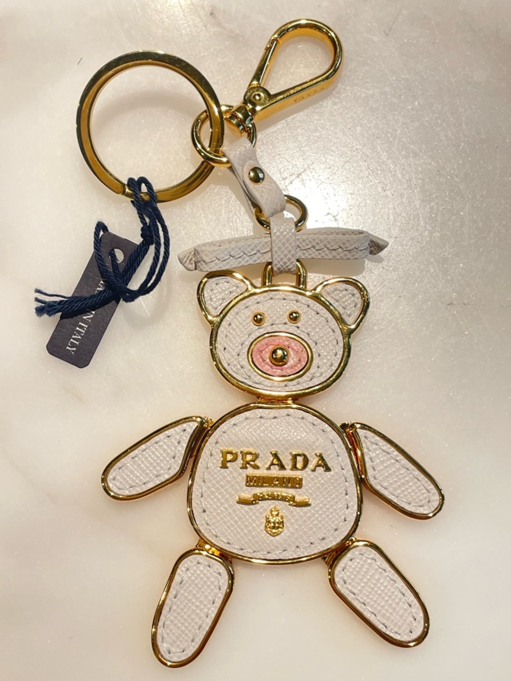 Prada White Leather Bear Keyring with Gold Hardware Trick Pelle ITL 135
